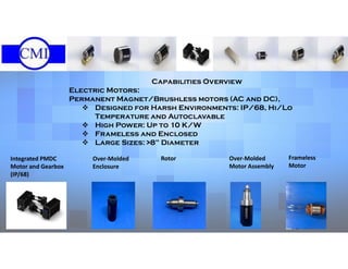 Capabilities Overview
Electric Motors:
Permanent Magnet/Brushless motors (AC and DC),
 Designed for Harsh Environments: IP/68, Hi/Lo
Temperature and Autoclavable
 High Power: Up to 10 K/W
 Frameless and Enclosed
 Large Sizes: >8” Diameter
Over-Molded
Motor Assembly
Frameless
Motor
Integrated PMDC
Motor and Gearbox
(IP/68)
Over-Molded
Enclosure
Rotor
 