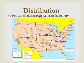 Distribution   Two warehouses in each region in the country 