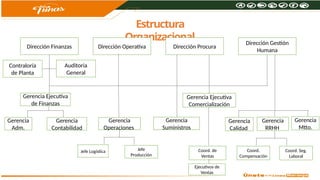 Estructura
Organizacional
Dirección Finanzas Dirección Operativa Dirección Procura
Dirección Gestión
Humana
Contraloría
de Planta
Auditoria
General
Gerencia Ejecutiva
de Finanzas
Gerencia Ejecutiva
Comercialización
Gerencia
RRHH
Gerencia
Mtto.
Gerencia
Calidad
Coord. de
Ventas
Ejecutivos de
Ventas
Gerencia
Adm.
Gerencia
Contabilidad
Gerencia
Operaciones
Jefe Logística Jefe
Producción
Gerencia
Suministros
Coord. Seg.
Laboral
Coord.
Compensación
 