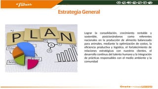 EstrategiaGeneral
Lograr la consolidación, crecimiento rentable y
sostenible, posicionándonos como referentes
nacionales en la producción de alimento balanceado
para animales, mediante la optimización de costos, la
eficiencia productiva y logística, el fortalecimiento de
relaciones estratégicas con nuestros clientes, el
desarrollo continuo del talento humano y la integración
de prácticas responsables con el medio ambiente y la
comunidad
 
