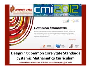 Designing	
  Common	
  Core	
  State	
  Standards	
  
   Systemic	
  Mathema4cs	
  Curriculum	
  
      Presented	
  By	
  Janet	
  Hale	
  	
  	
  	
  www.CurriculumMapping101.com	
  
 