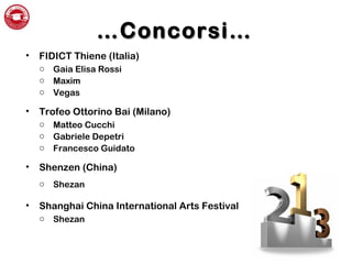 ……Concorsi…Concorsi…
• FIDICT Thiene (Italia)
o Gaia Elisa Rossi
o Maxim
o Vegas
• Trofeo Ottorino Bai (Milano)
o Matteo Cucchi
o Gabriele Depetri
o Francesco Guidato
• Shenzen (China)
o Shezan
• Shanghai China International Arts Festival
o Shezan
 