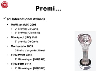 Premi…Premi…
 51 International Awards
• McMillan (UK) 2008
o 2° premio: De Carlo
o 3° premio: [OMISSIS]
• Blackpool (UK) 2009
o 2° premio: De Carlo
• Montecarlo 2009
o Cilindro d’argento: Nifosi
• FISM WCM 2009
o 2° MicroMagic: [OMISSIS]
• FISM ECM 2011
o 1° MicroMagic: [OMISSIS]
 