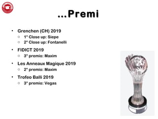 ……PremiPremi
• Grenchen (CH) 2019
o 1° Close up: Siepe
o 2° Close up: Fontanelli
• FIDICT 2019
o 3° premio: Maxim
• Les Anneaux Magique 2019
o 2° premio: Maxim
• Trofeo Balli 2019
o 3° premio: Vegas
 