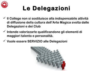LeLe DelegazioniDelegazioni
 Il College non si sostituisce alla indispensabile attività
di diffusione della cultura dell’Arte Magica svolta dalle
Delegazioni e dei Club
 Intende valorizzarle qualificandone gli elementi di
maggiori talento e personalità.
 Vuole essere SERVIZIO alle Delegazioni
 