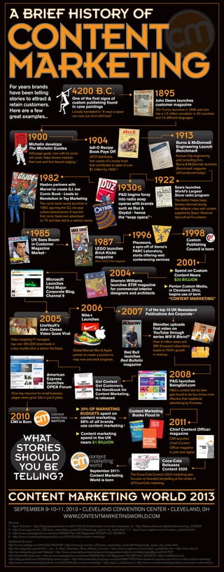 A BRIEF HISTORY OF
For years brands
have been telling
stories to attract &
retain customers.
Here are a few
great examples...
John Deere launches
customer magazine
The Furrow launches in 1895 and now
has a 1.5 million circulation in 40 countries
and 12 different languages.
One of the ﬁrst signs of
custom publishing found
in cave paintings
Loosely translated to “6 ways a spear
can save you from wild boar.”
P&G begins foray
into radio soap
operas with brands
such as Duz &
Oxydol - hence
the “soap opera.”3
Sears launches
World’s Largest
Store radio program
The station helped keep
farmers informed during
the deﬂation crisis with content
supplied by Sears’ Roebuck
Agricultural Foundation.
Custom
Publishing
Council is born
18954200 B.C.
1930s
1922
Michelin develops
The Michelin Guides
400-page guide, now with its iconic
red cover, helps drivers maintain
their cars and ﬁnd decent lodging.1
UK Sees Boom
in Customer
Magazine
Market4
Jell-O Recipe
Book Pays Off
Jell-O distributes
free copies of a recipe book
that contributes to sales of over
$1 million by 1906.2
1900
1982
1985
1904 Burns & McDonnell
Engineering Launch
Benchmark
Kansas City engineering
and consulting ﬁrm,
Burns & McDonnell, launches
Benchmark magazine
(still produced today).
1913
1998
ᮣ Spend on Custom
Content Nears
$20 BILLION
ᮣ Penton Custom Media,
in Cleveland, Ohio,
begins use of term
“CONTENT MARKETING”
2001
CMI is Born
September 2011-
Content Marketing
World is born
2007
Microsoft
Launches
First Major
Corporate Blog,
Channel 9
Sherwin Williams
launches STIR magazine
for commercial interior
designers and architects
Nike+
Launches
2004
LiveVault’s
John Cleese
Video Goes Viral
Global Brands Nike & Apple
partner to create a product to
map runs and track progress.
2005
2006
Hasbro partners with
Marvel to create G.I. Joe
Comic Book - Leads to
Revolution in Toy Marketing
The comic book series launches in
1982, spurring the G.I. Joe pop
culture phenomenon. It was the
ﬁrst comic book ever advertised
on TV and later led to a cartoon series.
LEGO launches
Brick Kicks
magazine
(Now LEGO Club magazine)
Placeware,
a spin-off of Xerox’s
PARC Laboratory,
starts offering web
conferencing services
1987
1996
Get Content
Get Customers,
the Handbook for
Content Marketing,
is released
American
Express
launches
OPEN Forum
Coca-Cola
Releases
Content 2020
Chief Content Ofﬁcer
magazine
CMI launches
Chief Content
Ofﬁcer magazine
in print and digital.
ᮣ 25% OF MARKETING
BUDGETS spent on
content marketing,
88% of all brands
use content marketing 6
ᮣ Content marketing
spend in the UK
nears £1 BILLION
7 of the top 10 UK Newsstand
Publications Are Corporate5
Red Bull
launches
Red Bulletin
magazine
Content Marketing
Books Flood In
2008
2010
2011
P&G launches
BeingGirl.com
P&G’s content site for teen
girls found to be four times more
effective than traditional
advertising by Forrester.
CONTENT MARKETING WORLD 2013
SEPTEMBER 9-10-11, 2013 • CLEVELAND CONVENTION CENTER • CLEVELAND, OH
WWW.CONTENTMARKETINGWORLD.COM
The Coca-Cola Content 2020 marketing plan
focuses on branded storytelling at the center of
all Coca-Cola marketing.
Video targeting IT managers
has over 250,000 downloads in
a few months (this is before YouTube).
Now key resource for small business,
pages views grow 23x in just 2 years.
Blendtec uploads
ﬁrst video on
YouTube through
series Will It Blend?
Over 6 million views and
385 thousand subscribers.
Leads to 700% growth
in revenue.
WHAT
STORIES
SHOULD
YOU BE
TELLING?
Sources:
1 - Aprix Solutions - http://blog.aprixsolutions.com/2011/06/20/a-brief-history-of-content-marketing • 2 - http://library.duke.edu/digitalcollections/eaa_CK0029
3 - http://www.pg.com/en_US/news_views/blog_posts/2010/sep/soap_opera_era_ends.shtml • 4 - http://www.magforum.com/custom_publishers.htm
5 - http://www.campaignlive.co.uk/news/785643/Top-100-Magazines/?DCMP=ILC-SEARCH
6 - http://www.contentmarketinginstitute.com/2010/09/b2b-content-marketing/
Additional Sources:
http://www.rexblog.com/2011/05/19/23189 • http://www.pg.com/en_US/news_views/blog_posts/2010/sep/soap_opera_era_ends.shtml
http://en.wikipedia.org/wiki/G.I._Joe:_A_Real_American_Hero_(Marvel_Comics) • http://www.magforum.com/custom_publishers.htm • http://info.cern.ch
http://en.wikipedia.org/wiki/Website • http://www.americanbusinessmedia.com/images/abm/pdfs/committees/oppb2bpubs2003.PDF
http://channel9.msdn.com • http://www.campaignlive.co.uk/news/785643/Top-100-Magazines/?DCMP=ILC-SEARCH • http://willitblend.com
http://blog.junta42.com/2008/02/pg-does-it-agai/ • http://thecontentlab.icrossing.com/post/6586774751/how-american-express-open-forum-rocks-content-marketing
http://www.contentmarketinginstitute.com/2010/09/b2b-content-marketing/ • http://apa.co.uk/about-us • http://www.contentmarketinginstitute.com/chief-content-ofﬁcer
 