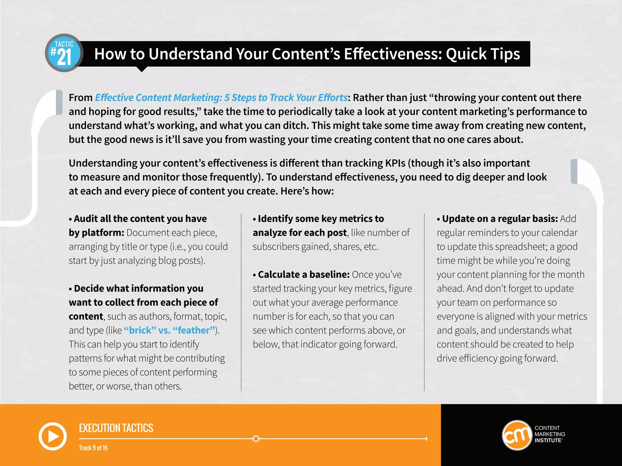 EXECUTION TACTICS
Track 9 of 16
From Effective Content Marketing: 5 Steps to Track Your Efforts: Rather than just “throwing your content out there
and hoping for good results,” take the time to periodically take a look at your content marketing’s performance to
understand what’s working, and what you can ditch. This might take some time away from creating new content,
but the good news is it’ll save you from wasting your time creating content that no one cares about.
Understanding your content’s effectiveness is different than tracking KPIs (though it’s also important
to measure and monitor those frequently). To understand effectiveness, you need to dig deeper and look
at each and every piece of content you create. Here’s how:
How to Understand Your Content’s Effectiveness: Quick Tips21
TACTIC
• Audit all the content you have
by platform: Document each piece,
arranging by title or type (i.e., you could
start by just analyzing blog posts).
• Decide what information you
want to collect from each piece of
content, such as authors, format, topic,
and type (like “brick” vs. “feather”).
This can help you start to identify
patterns for what might be contributing
to some pieces of content performing
better, or worse, than others.
• Identify some key metrics to
analyze for each post, like number of
subscribers gained, shares, etc.
• Calculate a baseline: Once you’ve
started tracking your key metrics, figure
out what your average performance
number is for each, so that you can
see which content performs above, or
below, that indicator going forward.
• Update on a regular basis: Add
regular reminders to your calendar
to update this spreadsheet; a good
time might be while you’re doing
your content planning for the month
ahead. And don’t forget to update
your team on performance so
everyone is aligned with your metrics
and goals, and understands what
content should be created to help
drive efficiency going forward.
 