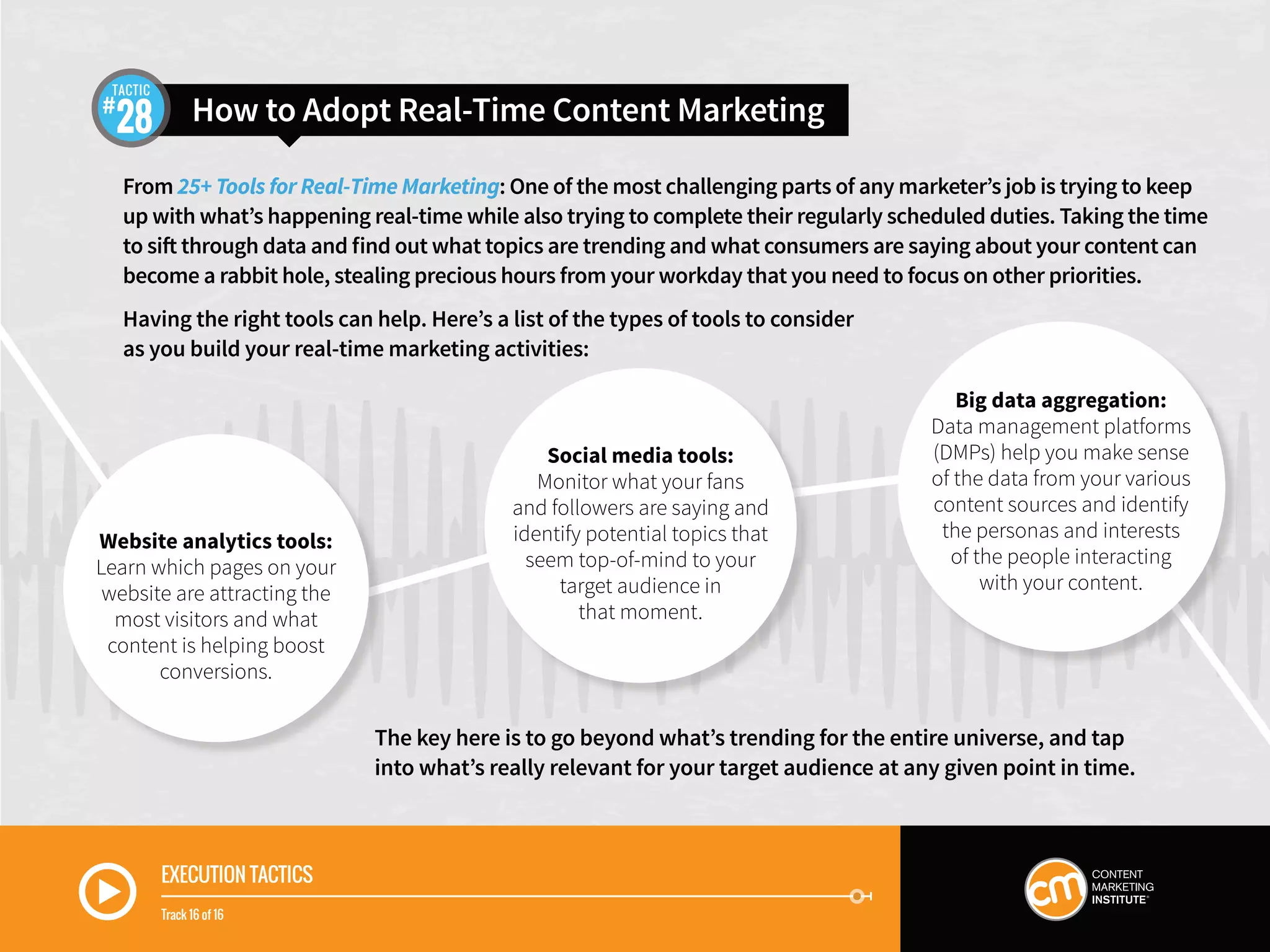How to Adopt Real-Time Content Marketing28
TACTIC
From 25+ Tools for Real-Time Marketing: One of the most challenging parts of any marketer’s job is trying to keep
up with what’s happening real-time while also trying to complete their regularly scheduled duties. Taking the time
to sift through data and find out what topics are trending and what consumers are saying about your content can
become a rabbit hole, stealing precious hours from your workday that you need to focus on other priorities.
Having the right tools can help. Here’s a list of the types of tools to consider
as you build your real-time marketing activities:
Website analytics tools:
Learn which pages on your
website are attracting the
most visitors and what
content is helping boost
conversions.
Social media tools:
Monitor what your fans
and followers are saying and
identify potential topics that
seem top-of-mind to your
target audience in
that moment.
Big data aggregation:
Data management platforms
(DMPs) help you make sense
of the data from your various
content sources and identify
the personas and interests
of the people interacting
with your content.
EXECUTION TACTICS
Track 16 of 16
The key here is to go beyond what’s trending for the entire universe, and tap
into what’s really relevant for your target audience at any given point in time.
 