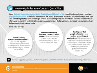How to Optimize Your Content: Quick Tips20
TACTIC
EXECUTION TACTICS
Track 8 of 16
From Optimize Your Online Content: Quick...