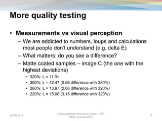 More quality testing
• Measurements vs visual perception
– We are addicted to numbers, loups and calculations
most people don’t understand (e.g. delta E)
– What matters: do you see a difference?
– Matte coated samples – image C (the one with the
highest deviations)
• 320%: L = 11.91
• 300%: L = 12.47 (0.56 difference with 320%)
• 260%: L = 13.97 (2.06 difference with 320%)
• 220%: L = 15.06 (3.15 difference with 320%)
10/10/2013
© Cross-Media Innovation Center – RIT
CMIC Summit 2012
14
 