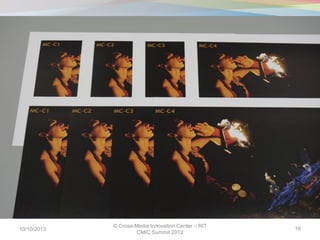 More quality testing
10/10/2013
© Cross-Media Innovation Center – RIT
CMIC Summit 2012
16
 