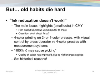 But… old habits die hard
• “Ink reducation doesn’t work!”
– The main issue: highlights (small dots) in CMY
• Film based workflows vs Computer-to-Plate
• Question: what about flexo?
– 4-color printing on 2- or 1-color presses, with visual
control by press operator vs 4-color presses with
measurement systems
– “100% K may cause picking”
• Quality of paper has improved, due to higher press speeds
– So: historical reasons!
10/10/2013
© Cross-Media Innovation Center – RIT
CMIC Summit 2012
18
 