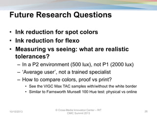 Future Research Questions
• Ink reduction for spot colors
• Ink reduction for flexo
• Measuring vs seeing: what are realistic
tolerances?
– In a P2 environment (500 lux), not P1 (2000 lux)
– ‘Average user’, not a trained specialist
– How to compare colors, proof vs print?
• See the VIGC Max TAC samples with/without the white border
• Similar to Farnsworth Munsell 100 Hue test: physical vs online
10/10/2013
© Cross-Media Innovation Center – RIT
CMIC Summit 2013
26
 