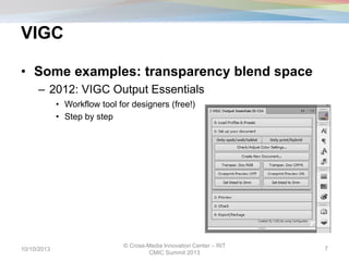 VIGC
• Some examples: transparency blend space
– 2012: VIGC Output Essentials
• Workflow tool for designers (free!)
• Step by step
10/10/2013
© Cross-Media Innovation Center – RIT
CMIC Summit 2013
7
 