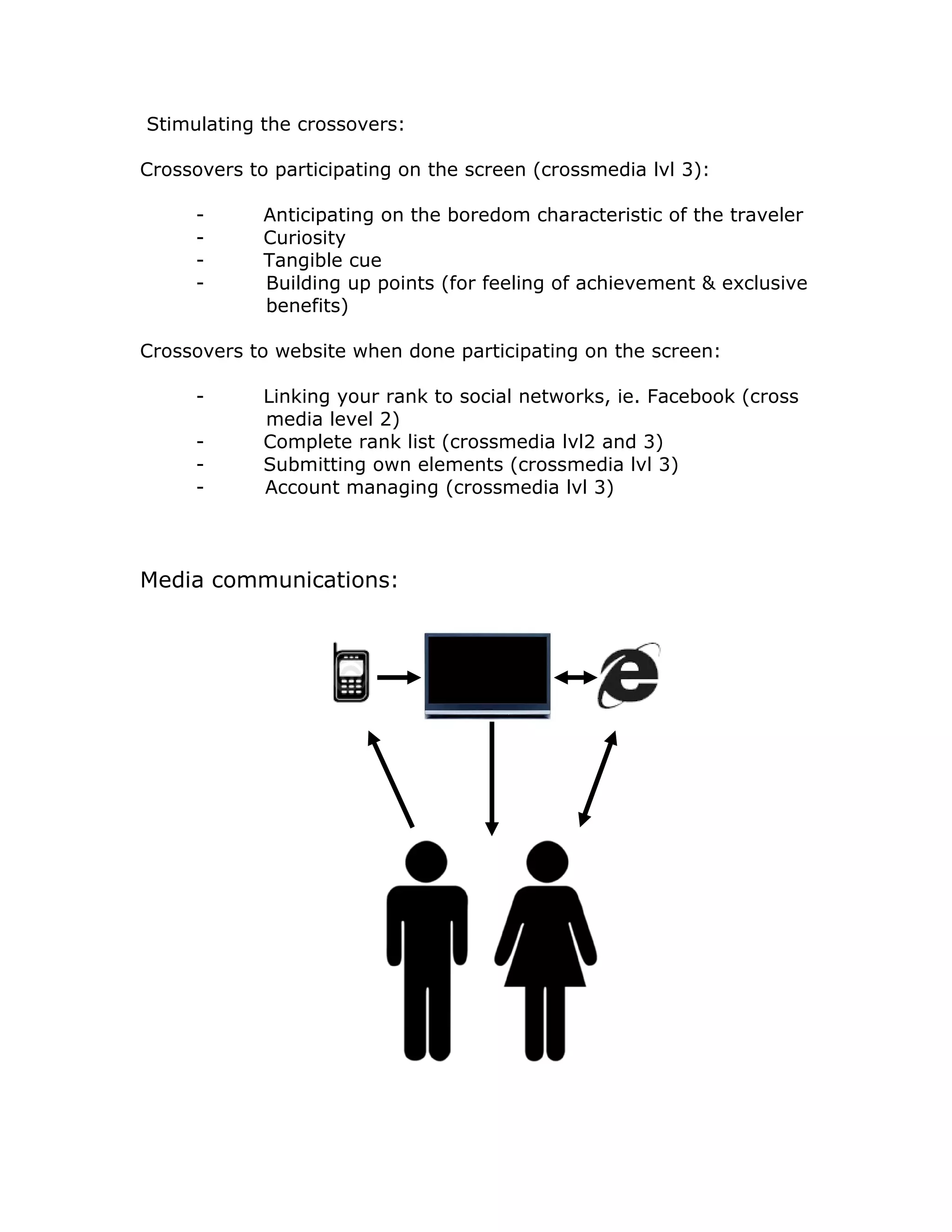 Stimulating the crossovers:

Crossovers to participating on the screen (crossmedia lvl 3):

     -       Anticipating on the boredom characteristic of the traveler
     -       Curiosity
     -       Tangible cue
     -       Building up points (for feeling of achievement & exclusive
             benefits)

Crossovers to website when done participating on the screen:

     -       Linking your rank to social networks, ie. Facebook (cross
             media level 2)
     -       Complete rank list (crossmedia lvl2 and 3)
     -       Submitting own elements (crossmedia lvl 3)
     -       Account managing (crossmedia lvl 3)




Media communications:
 