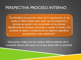PERSPECTIVA PROCESO INTERNO

  “Se identifican los procesos claves de la organización, en los
    cuales se debe trabajar para lograr que los productos o
      servicios se ajusten a las necesidades de los clientes,
 identificando los procesos orientados a cumplir la misión y los
   procesos de apoyo y estableciendo los objetivos específicos
                que garanticen esta satisfacción”

 Seleccionar cuáles son los matices diferenciadores de la
compañía dentro del sector en el que desarrolla su actividad
 