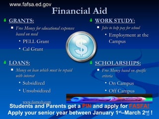 Financial Aid GRANTS: Free Money for educational expenses based on need PELL Grant Cal Grant LOANS: Money on loan which must be repaid with interest Subsidized Unsubsidized www.fastweb.com WORK STUDY:   Jobs to help pay for school Employment at the Campus SCHOLARSHIPS: Free Money based on specific criteria On Campus Off Campus Students and Parents get a  PIN  and apply for  FASFA!   Apply your senior year between January 1 st –March 2 nd  ! www.fafsa.ed.gov 