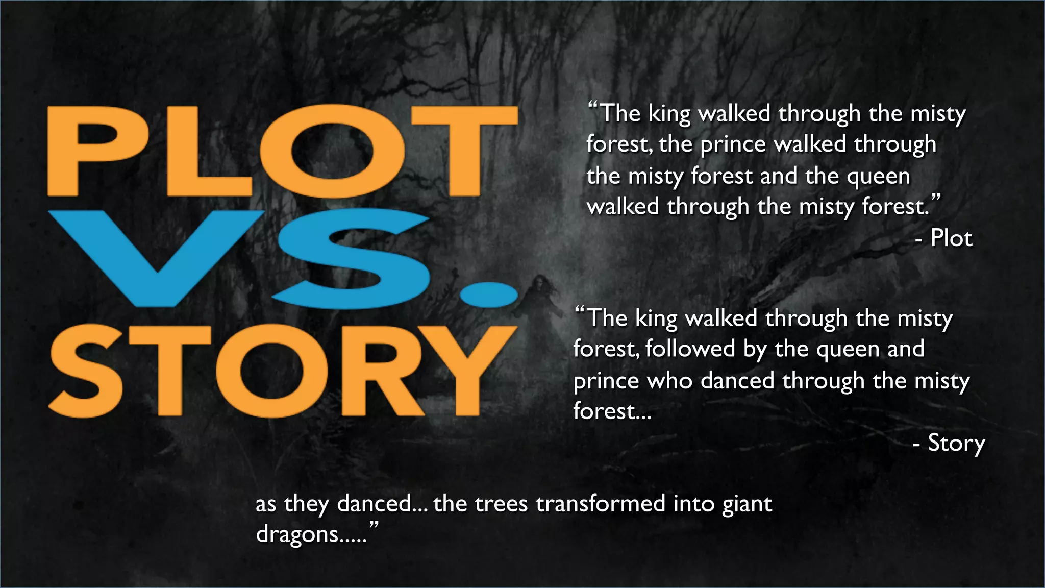 “The king walked through the misty
forest, the prince walked through
the misty forest and the queen
walked through the misty forest.”	

- Plot	

as they danced... the trees transformed into giant
dragons.....”	
  
“The king walked through the misty
forest, followed by the queen and
prince who danced through the misty
forest...	

- Story	

 