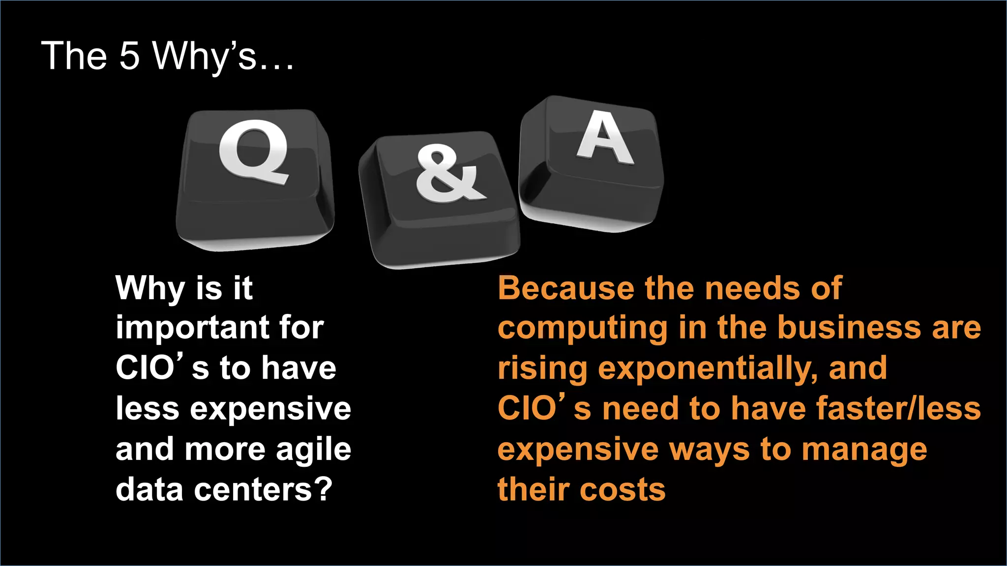 Why is it
important for
CIO’s to have
less expensive
and more agile
data centers?
Because the needs of
computing in the business are
rising exponentially, and
CIO’s need to have faster/less
expensive ways to manage
their costs
The 5 Why’s…
 