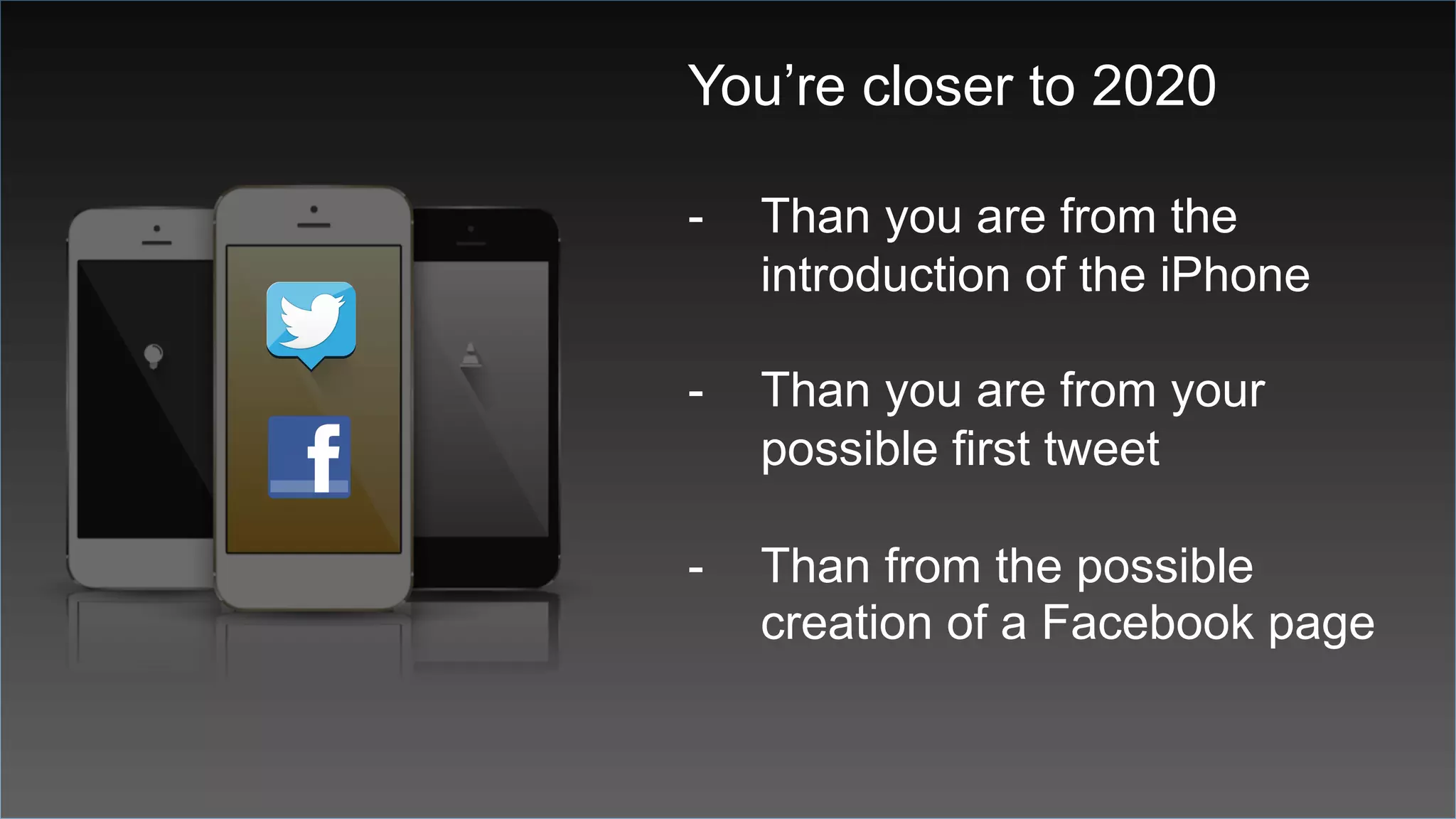 You’re closer to 2020
-  Than you are from the
introduction of the iPhone
-  Than you are from your
possible first tweet
-  Than from the possible
creation of a Facebook page
 