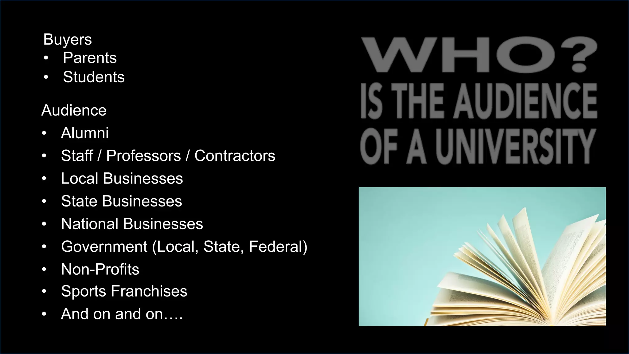 Audience
•  Alumni
•  Staff / Professors / Contractors
•  Local Businesses
•  State Businesses
•  National Businesses
•  Government (Local, State, Federal)
•  Non-Profits
•  Sports Franchises
•  And on and on….
Buyers
•  Parents
•  Students
 