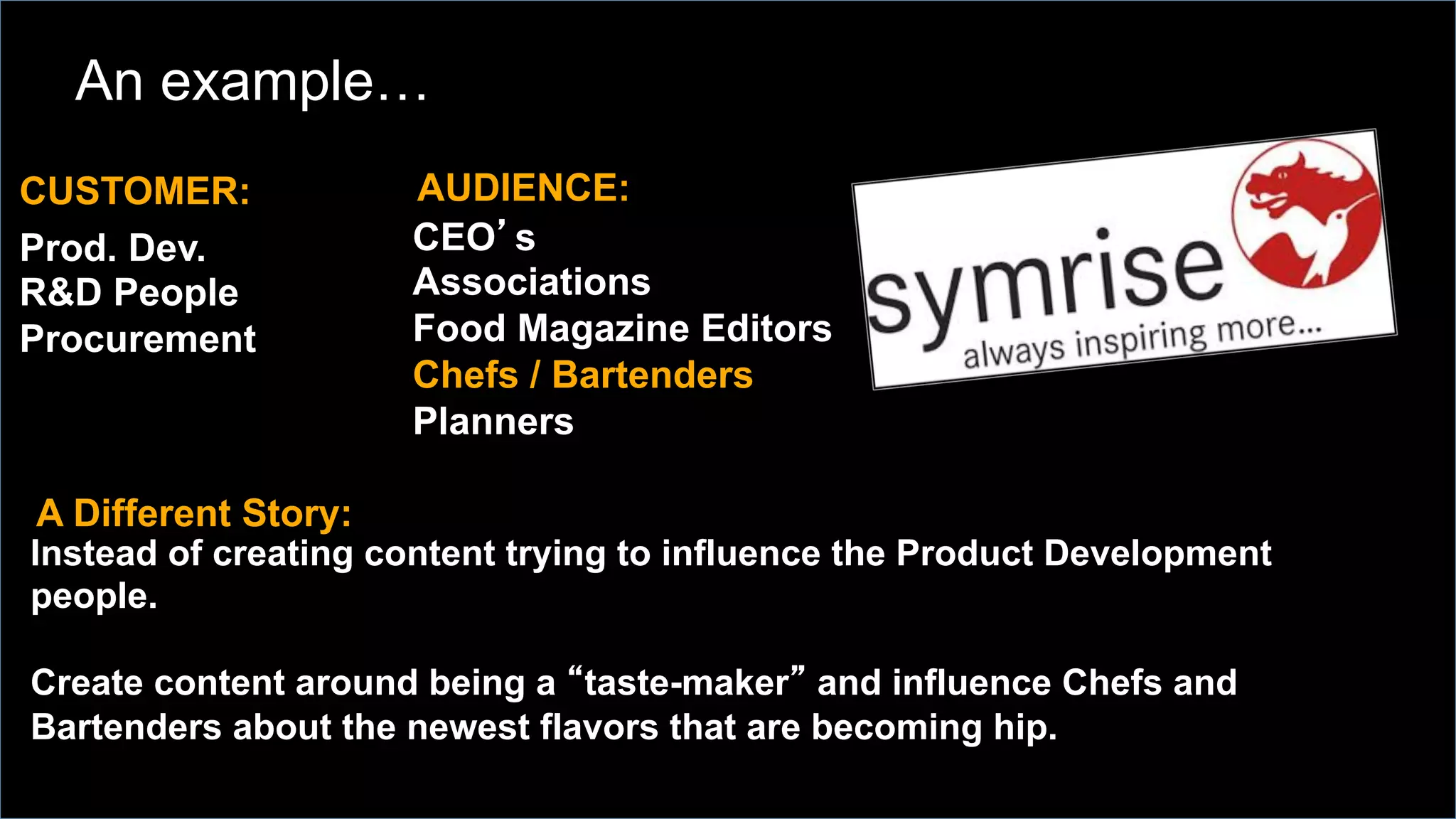 Prod. Dev.
R&D People
Procurement
CUSTOMER:
CEO’s
Associations
Food Magazine Editors
Chefs / Bartenders
Planners
A Different Story:
Instead of creating content trying to influence the Product Development
people.
Create content around being a “taste-maker” and influence Chefs and
Bartenders about the newest flavors that are becoming hip.
AUDIENCE:
An example…
 