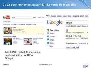 3 / Le positionnement payant (3)  La vente de mots clés Juin 2010 : rachat de mots clés dont « oil spill » par BP à Google. 