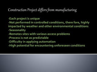 Construction Project differs from manufacturing
 