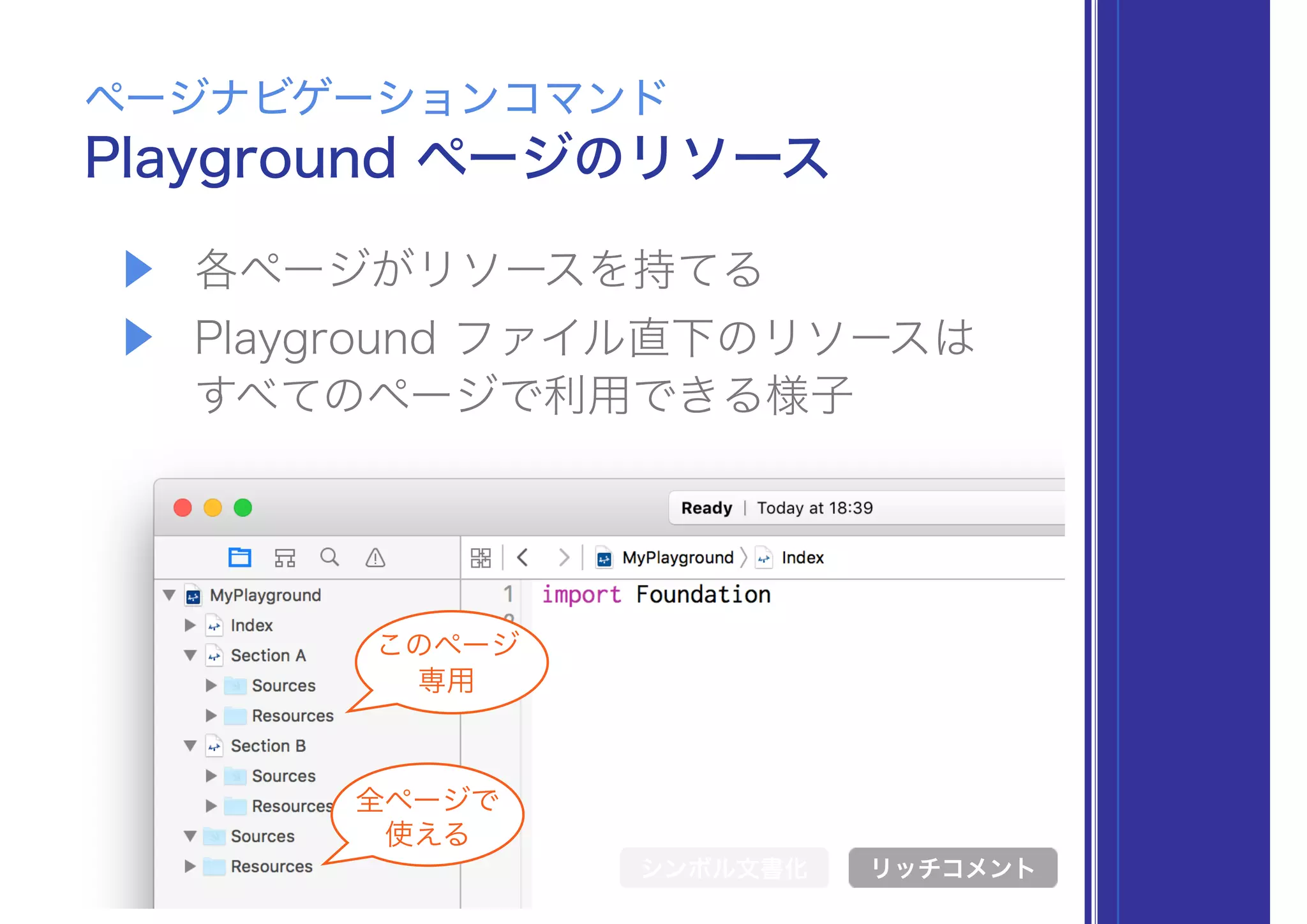 ▶ 各ページがリソースを持てる
▶ Playground ファイル直下のリソースは 
すべてのページで利用できる様子
Playground ページのリソース
ページナビゲーションコマンド
シンボル文書化 リッチコメント
このページ 
専用
全ページで
使える
 