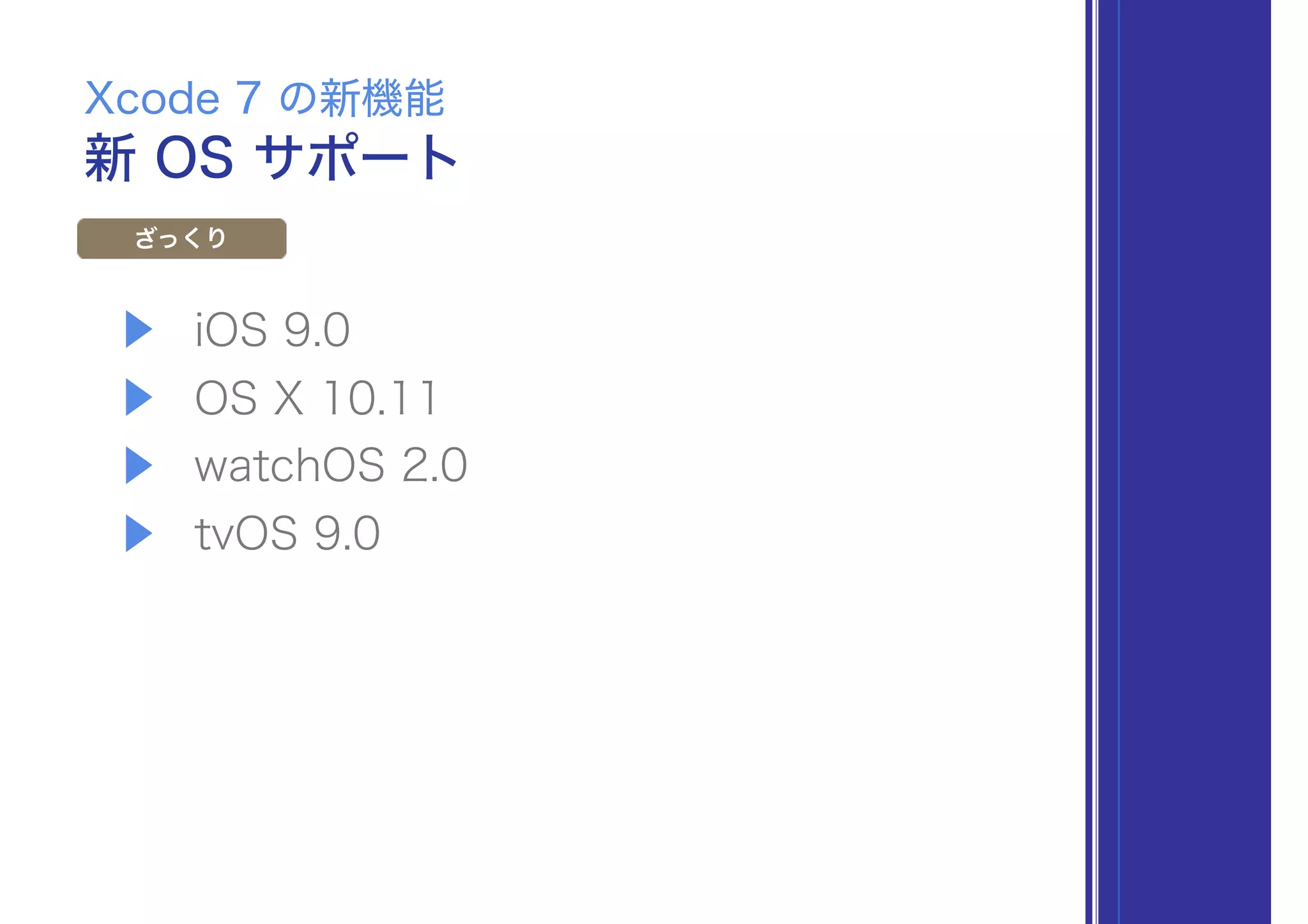 ▶ iOS 9.0
▶ OS X 10.11
▶ watchOS 2.0
▶ tvOS 9.0
新 OS サポート
Xcode 7 の新機能
ざっくり
 