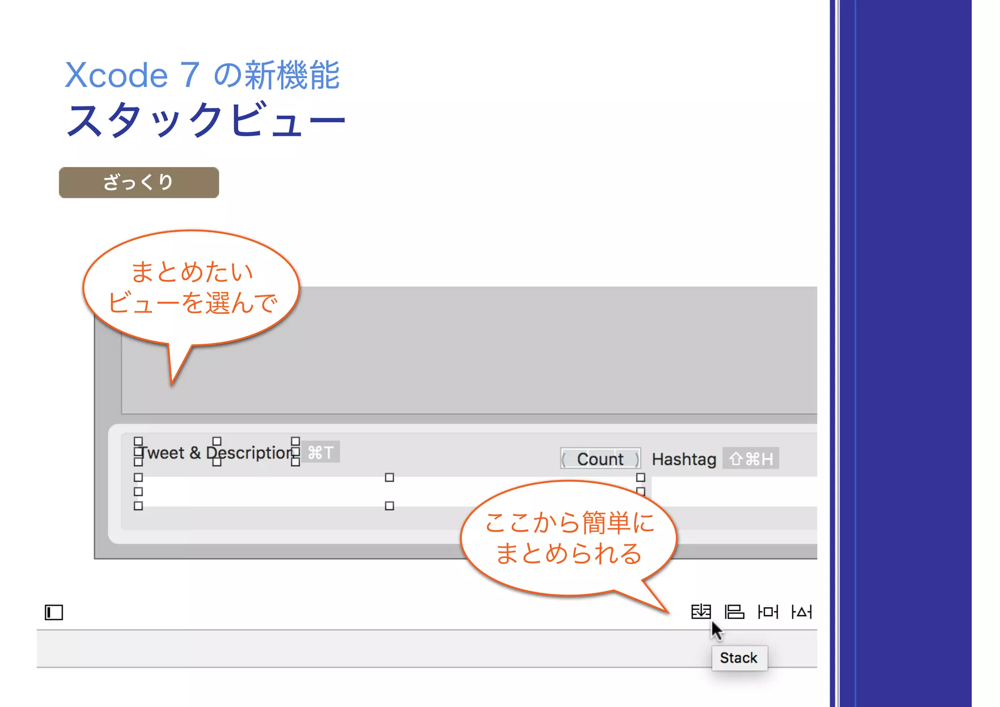 スタックビュー
Xcode 7 の新機能
ざっくり
ここから簡単に
まとめられる
まとめたい
ビューを選んで
 