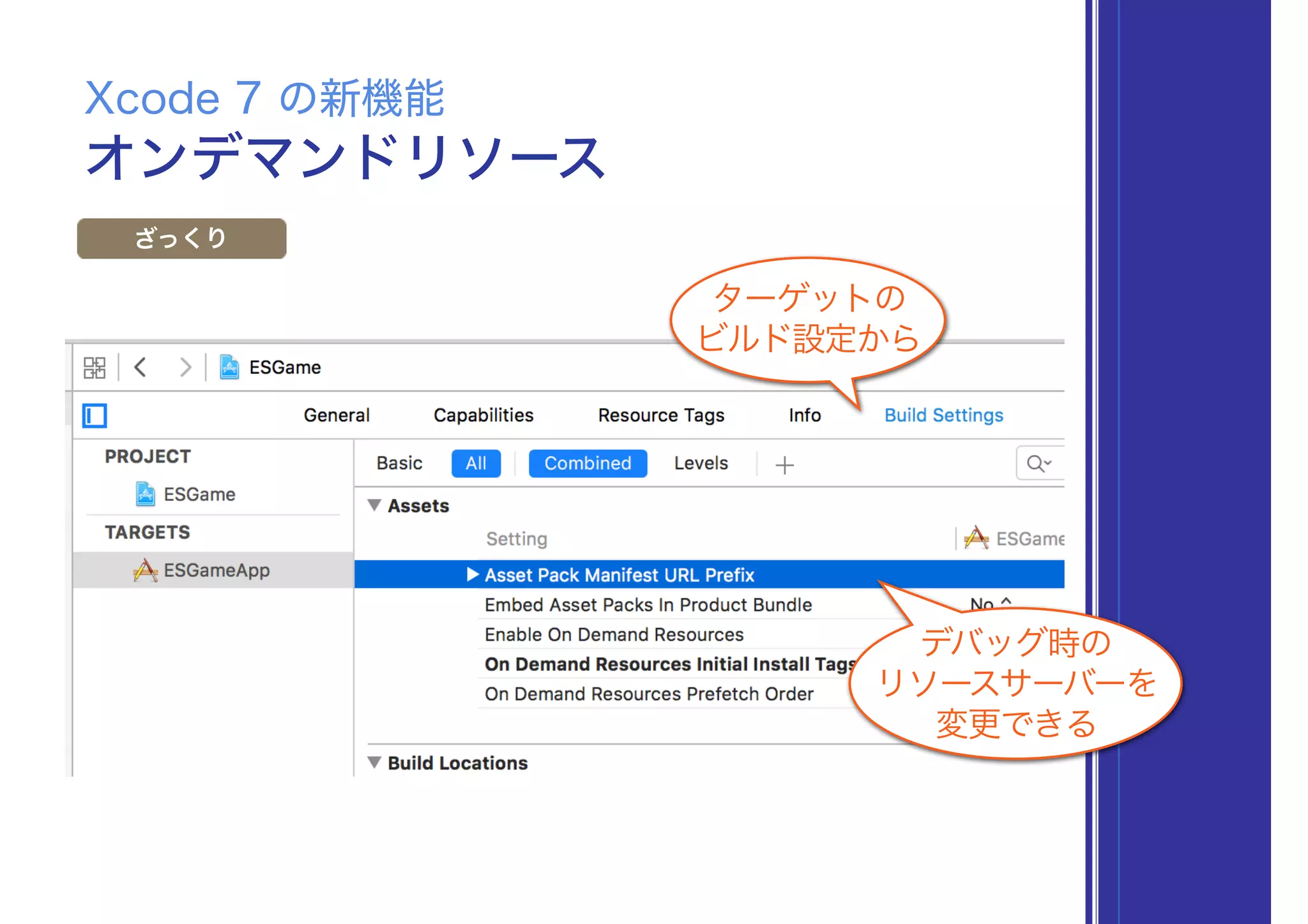 オンデマンドリソース
Xcode 7 の新機能
ざっくり
デバッグ時の
リソースサーバーを
変更できる
ターゲットの
ビルド設定から
 