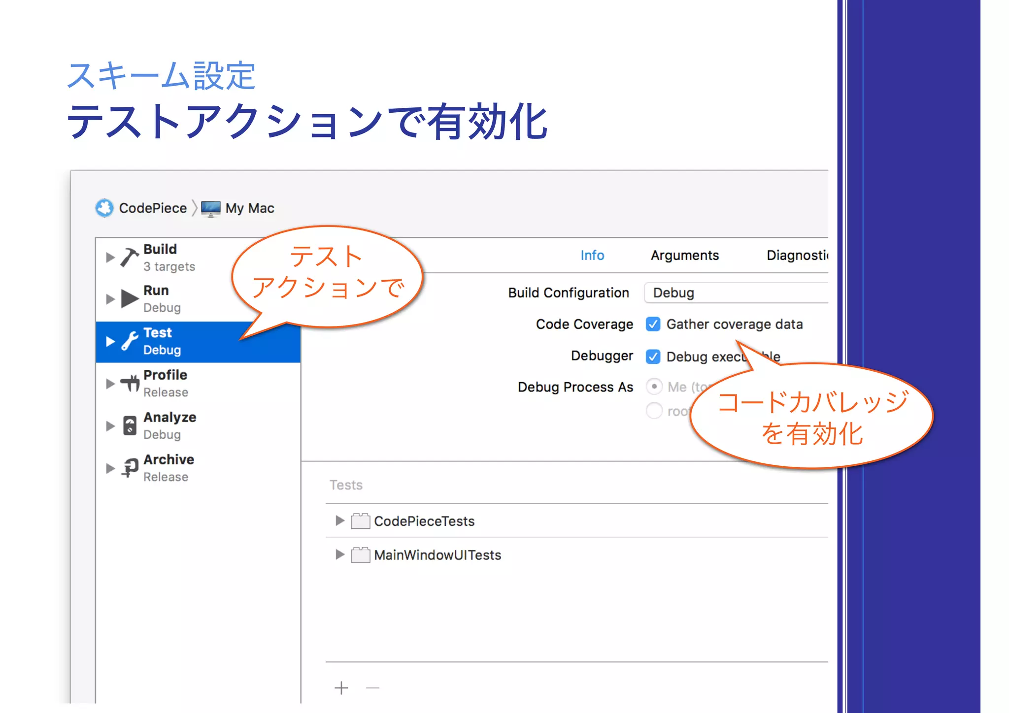 テスト 
アクションで
コードカバレッジ
を有効化
テストアクションで有効化
スキーム設定
 