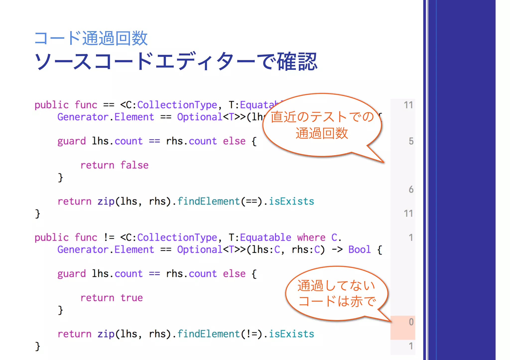 ソースコードエディターで確認
コード通過回数
直近のテストでの
通過回数
通過してない
コードは赤で
 