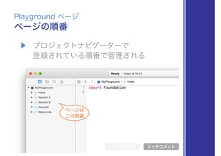 ▶ プロジェクトナビゲーターで 
登録されている順番で管理される
ページの順番
Playground ページ
シンボル文書化 リッチコメント
ページは
この順番
 
