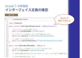 インターフェイス定義の確認
Xcode 7 の新機能
ざっくり
Swift の
構文で見れる
 