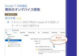 無料のオンデバイス開発
Xcode 7 の新機能
ざっくり
▶ アカウント設定で無料の Apple ID を登録して 
ターゲット設定で選択する
実行手順 (1/3)
無料の
Apple ID を選択
 
