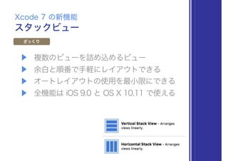 ▶ 複数のビューを詰め込めるビュー
▶ 余白と順番で手軽にレイアウトできる
▶ オートレイアウトの使用を最小限にできる
▶ 全機能は iOS 9.0 と OS X 10.11 で使える
スタックビュー
Xcode 7 の新機能
ざっくり
 