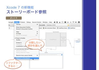 ストーリーボード参照
Xcode 7 の新機能
ざっくり
分割したい
部分を選んで
リファクター
すると…
 