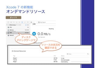 オンデマンドリソース
Xcode 7 の新機能
ざっくり
リソースの状況を
確認できる
ディスク 
デバッグゲージで
 