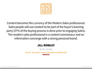 Content becomes the currency of the Modern Sales professional.
Sales people will use content to be part of the buyer’s lea...