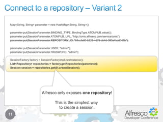 Connect to a repository – Variant 211Map<String, String> parameter = new HashMap<String, String>();parameter.put(SessionParameter.BINDING_TYPE, BindingType.ATOMPUB.value());parameter.put(SessionParameter.ATOMPUB_URL, "http://cmis.alfresco.com/service/cmis");parameter.put(SessionParameter.REPOSITORY_ID, "84ccfe80-b325-4d79-ab4d-080a4bdd045b");parameter.put(SessionParameter.USER, "admin");parameter.put(SessionParameter.PASSWORD, "admin");SessionFactory factory = SessionFactoryImpl.newInstance();List<Repository> repositories = factory.getRepositories(parameter);Session session = repositories.get(0).createSession();Alfresco only exposes one repository!This is the simplest way to create a session.