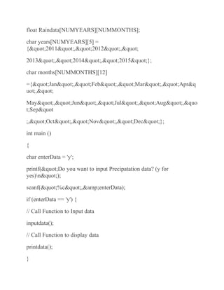 float Raindata[NUMYEARS][NUMMONTHS];
char years[NUMYEARS][5] =
{"2011","2012","
2013","2014","2015"};
char months[NUMMONTHS][12]
={"Jan","Feb","Mar","Apr&q
uot;,"
May","Jun","Jul","Aug",&quo
t;Sep&quot
;,"Oct","Nov","Dec"};
int main ()
{
char enterData = 'y';
printf("Do you want to input Precipatation data? (y for
yes)n");
scanf("%c",&amp;enterData);
if (enterData == 'y') {
// Call Function to Input data
inputdata();
// Call Function to display data
printdata();
}
 