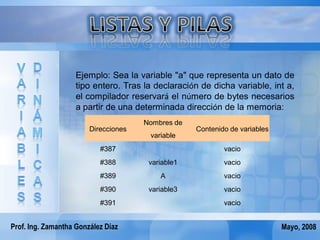 Ejemplo: Sea la variable "a" que representa un dato de
                    tipo entero. Tras la declaración de dicha variable, int a,
                    el compilador reservará el número de bytes necesarios
                    a partir de una determinada dirección de la memoria:
                                      Nombres de
                        Direcciones                Contenido de variables
                                       variable
                           #387                            vacio
                           #388        variable1           vacio
                           #389           A                vacio
                           #390        variable3           vacio
                           #391                            vacio


Prof. Ing. Zamantha González Díaz                                           Mayo, 2008
 