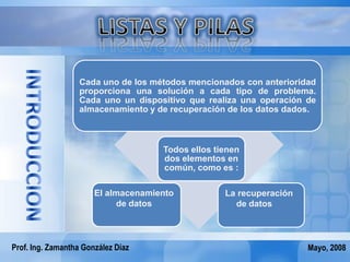 Cada uno de los métodos mencionados con anterioridad
                   proporciona una solución a cada tipo de problema.
                   Cada uno un dispositivo que realiza una operación de
                                       º
                   almacenamiento y de recuperación de los datos dados.



                                     Todos ellos tienen
                                     dos elementos en
                                     común, como es :

                       El almacenamiento           La recuperación
                            de datos                 de datos




Prof. Ing. Zamantha González Díaz                                    Mayo, 2008
 
