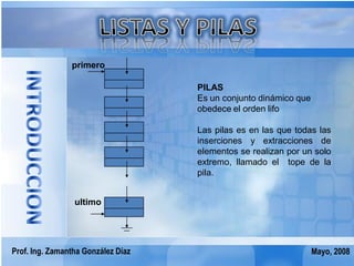 primero

                                    PILAS
                                    Es un conjunto dinámico que
                                    obedece el orden lifo

                                    Las pilas es en las que todas las
                                    inserciones y extracciones de
                                    elementos se realizan por un solo
                                    extremo, llamado el tope de la
                                    pila.


                 ultimo




Prof. Ing. Zamantha González Díaz                                 Mayo, 2008
 