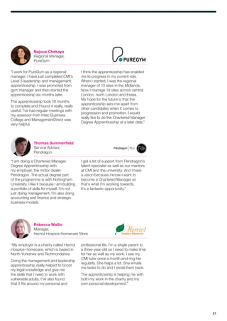 21
Najoua Chekaya
Regional Manager,
PureGym
Thomas Summerfield
Service Advisor,
Pendragon
“I am doing a Chartered Manager
Degree Apprenticeship with
my employer, the motor dealer
Pendragon. The actual degree part
of the programme is with Nottingham
University. I like it because I am building
a portfolio of skills for myself. I’m not
just doing management, I’m also doing
accounting and finance and strategic
business models.
I get a lot of support from Pendragon’s
talent specialist as well as our mentors
at CMI and the university. And I have
a vision because I know I want to
become a Chartered Manager so
that’s what I’m working towards.
It’s a fantastic opportunity.”
Rebecca Wallis
Manager,
Herriot Hospice Homecare Store
“My employer is a charity called Herriot
Hospice Homecare, which is based in
North Yorkshire and Richmondshire.
Doing the management and leadership
apprenticeship really helped to boost
my legal knowledge and give me
the skills that I need to work with
vulnerable adults. I’ve also found
that it fits around my personal and
professional life. I’m a single parent to
a three-year-old so I need to make time
for her as well as my work. I see my
CMI tutor once a month and ring her
regularly. She helps a lot. She emails
me tasks to do and I email them back.
The apprenticeship is helping me with
both my work in the charity and my
own personal development.”
“I work for PureGym as a regional
manager. I have just completed CMI’s
Level 5 leadership and management
apprenticeship. I was promoted from
gym manager and then started the
apprenticeship six months later.
The apprenticeship took 18 months
to complete and I found it really, really
useful. I’ve had regular meetings with
my assessor from Intec Business
College and ManagementDirect was
very helpful.
I think the apprenticeship has enabled
me to progress in my current role.
When I started, I was the regional
manager of 10 sites in the Midlands.
Now I manage 19 sites across central
London, north London and Essex.
My hope for the future is that the
apprenticeship sets me apart from
other candidates when it comes to
progression and promotion. I would
really like to do the Chartered Manager
Degree Apprenticeship at a later date.”
 