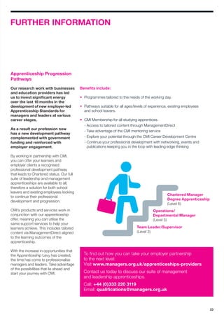 23
FURTHER INFORMATION
To find out how you can take your employer partnership
to the next level:
Visit www.managers.org.uk/apprenticeships-providers
Contact us today to discuss our suite of management
and leadership apprenticeships.
Call: +44 (0)333 220 3119
Email: qualifications@managers.org.uk
Apprenticeship Progression
Pathways
Our research work with businesses
and education providers has led
us to invest significant energy
over the last 18 months in the
development of new employer-led
Apprenticeship Standards for
managers and leaders at various
career stages.
As a result our profession now
has a new development pathway
complemented with government
funding and reinforced with
employer engagement.
By working in partnership with CMI,
you can offer your learners and
employer clients a recognised
professional development pathway
that leads to Chartered status. Our full
suite of leadership and management
apprenticeships are available to all,
therefore a solution for both school
leavers and existing employees looking
to continue their professional
development and progression.
CMI’s products and services work in
conjunction with our apprenticeship
offer, meaning you can utilise the
same support services to help your
learners achieve. This includes tailored
content via ManagementDirect aligned
to the learning outcomes of the
apprenticeship.
With the increase in opportunities that
the Apprenticeship Levy has created,
the time has come to professionalise
managers and leaders. Take advantage
of the possibilities that lie ahead and
start your journey with CMI.
Benefits include:
•	 Programmes tailored to the needs of the working day.
•	 Pathways suitable for all ages/levels of experience, existing employees
and school leavers.
•	CMI Membership for all studying apprentices.
	 - Access to tailored content through ManagementDirect
	 - Take advantage of the CMI mentoring service
	 - Explore your potential through the CMI Career Development Centre
	 - Continue your professional development with networking, events and
publications keeping you in the loop with leading edge thinking
Chartered Manager
Degree Apprenticeship
(Level 6)
Operations/
Departmental Manager
(Level 5)
Team Leader/Supervisor
(Level 3)
 