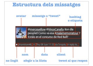Estructura dels missatges

       avatar     missatge o “tweet”       hashtag
                                          o etiqueta




            nom          data    client

no llegit   afegir a la llista    tweet al que respon
 