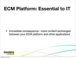 ECM Platform: Essential to IT



            • Immediate consequence : more content exchanged
              between your ECM platform and other applications




                                                                 5
               Open Source ECM


mercredi 10 mars 2010
 